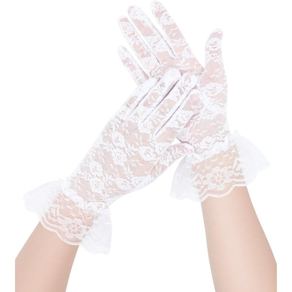 Women's White Short Nylon Mesh Imported Nylon Sheer Lace Ruffles Gloves